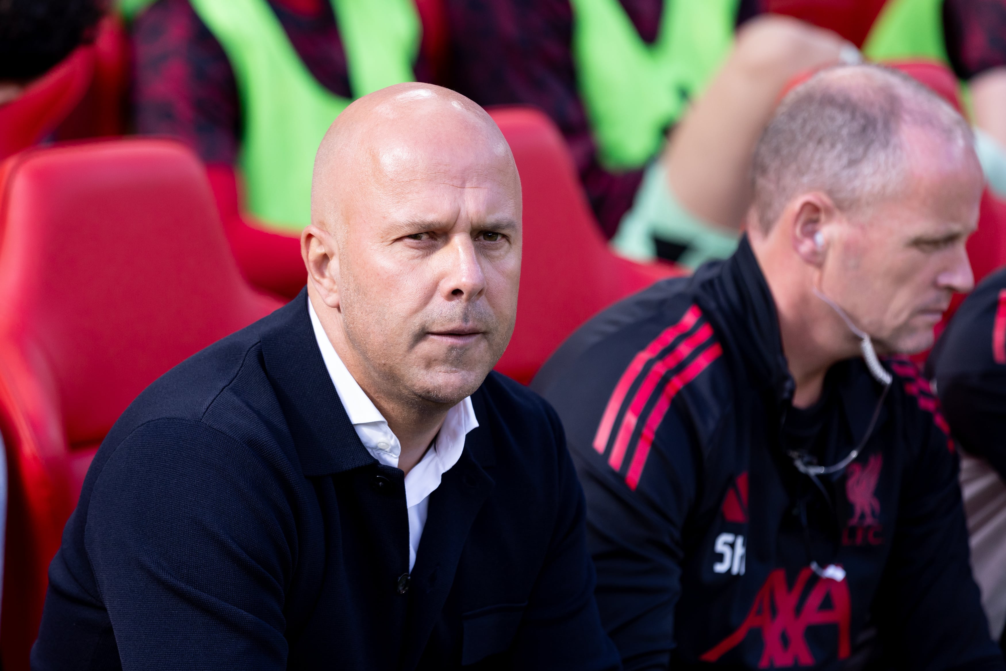 LIVERPOOL, ENGLAND - AUGUST 31: Arne Slot manager of Liverpool looks on prior to the Premier League match between Liverpool and Arsenal at Anfield on August 31, 2025 in Liverpool, England. (Photo by Gaspafotos/MB Media/Getty Images)