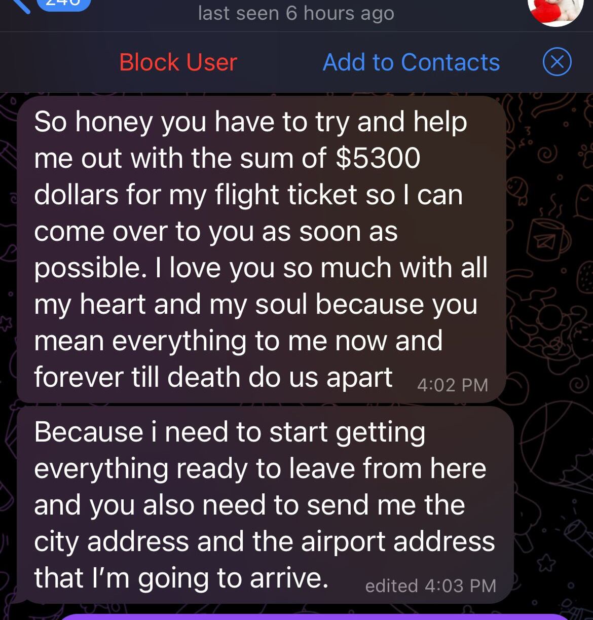 El mensaje del sujeto pidiéndole altas sumas de dinero.