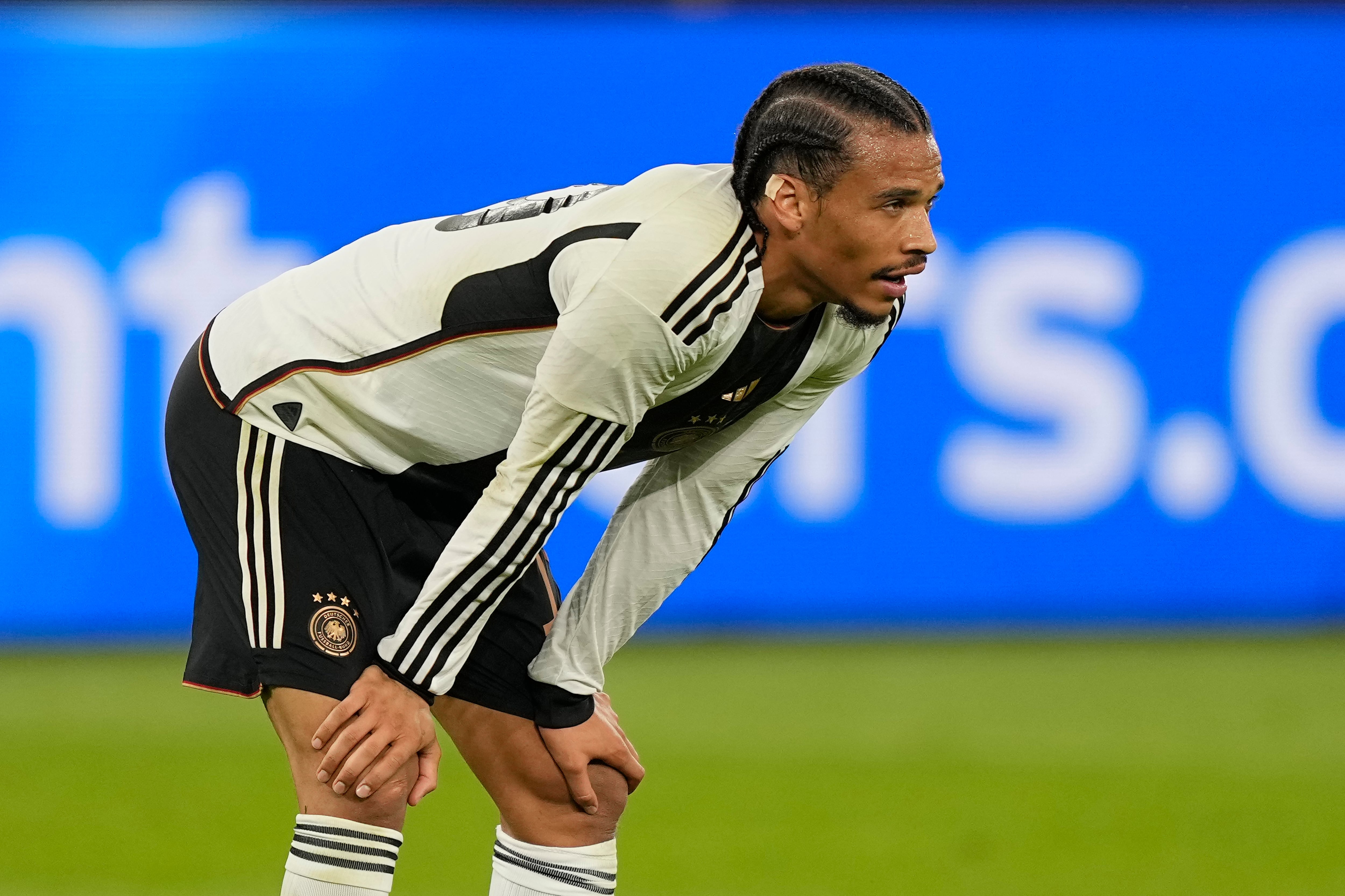 Germany's Leroy Sane gestures end of the international friendly soccer match between Germany and Colombia at Veltins-Arena, in Gelsenkirchen, Germany, Tuesday, June 20, 2023. Colombia won 2-0. (AP Photo/Martin Meissner)