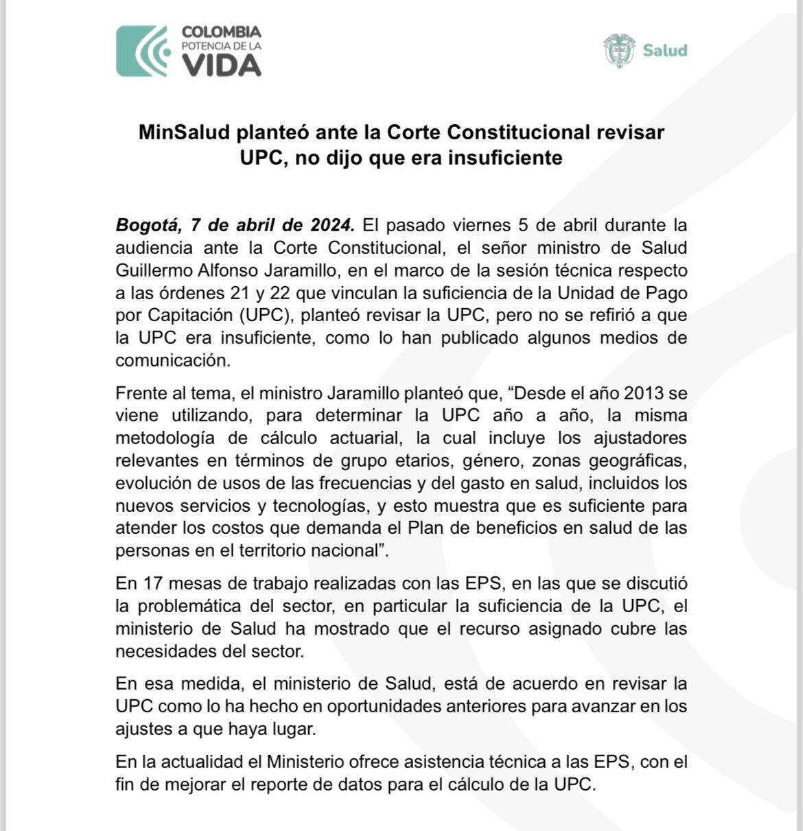 Comunicado Ministerio de Salud