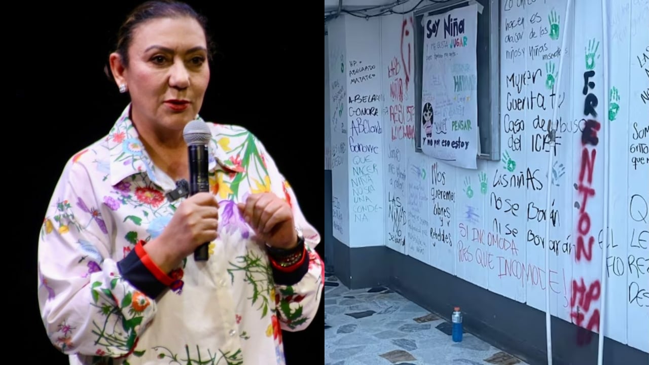 Carolina Restrepo, directora del ICBF, y como quedó una de las paredes de la sede vandalizada en Bogotá.