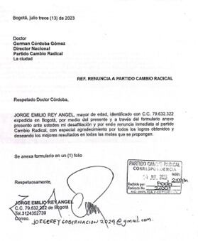Carta de renuncia de Jorge Rey a Cambio Radical.