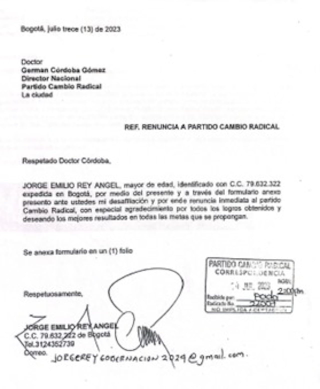 Carta de renuncia de Jorge Rey a Cambio Radical.