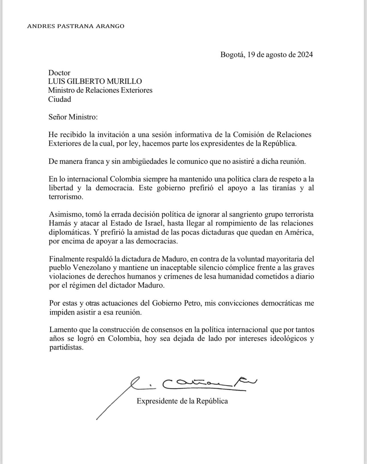 Carta Andrés Pastrana Comisión de Relaciones Exteriores.