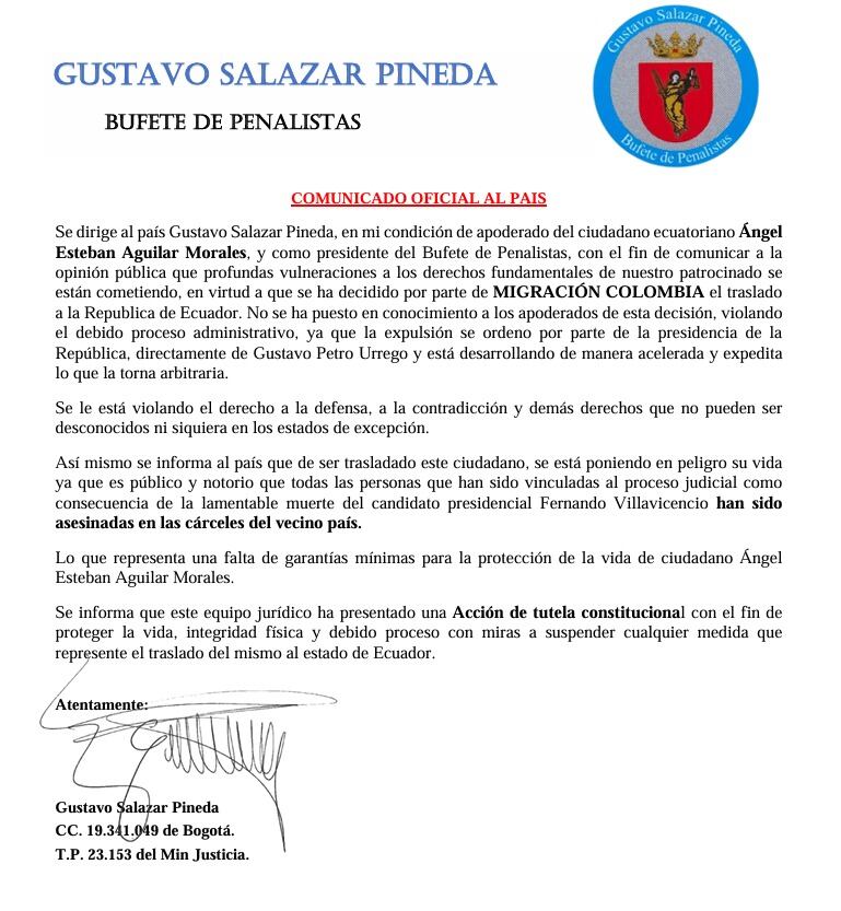 Comunicado del apoderado Gustavo Salazar Pineda.