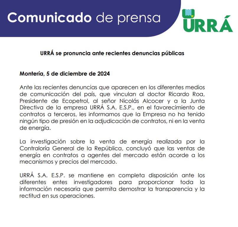 Comunicado de la empresa Urrá sobre presuntas irregularidades y presiones a su junta directiva