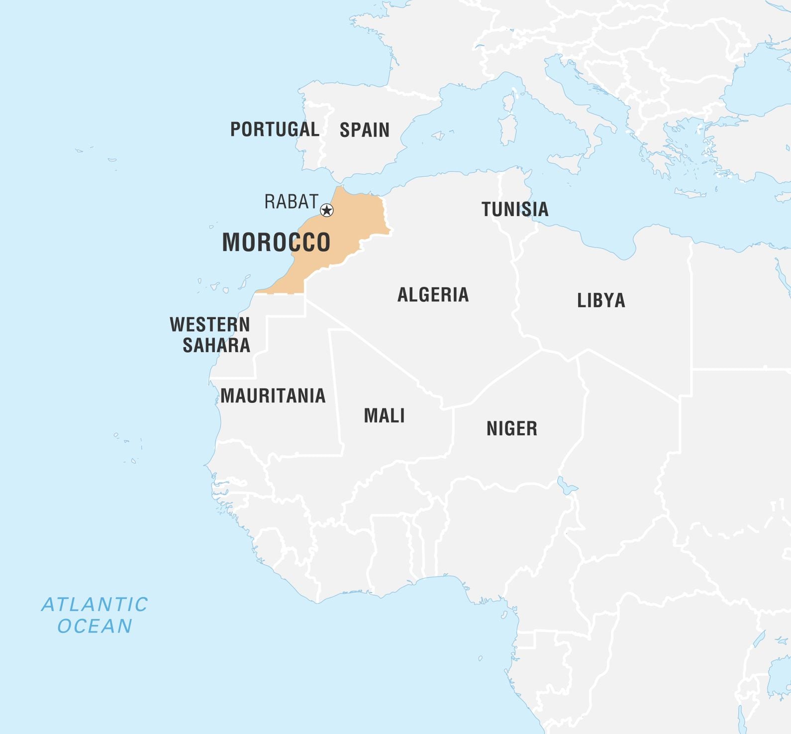 Mapa que muestra la distancia entre Marruecos y España (Foto de: Encyclopaedia Britannica/Universal Images Group vía Getty Images)