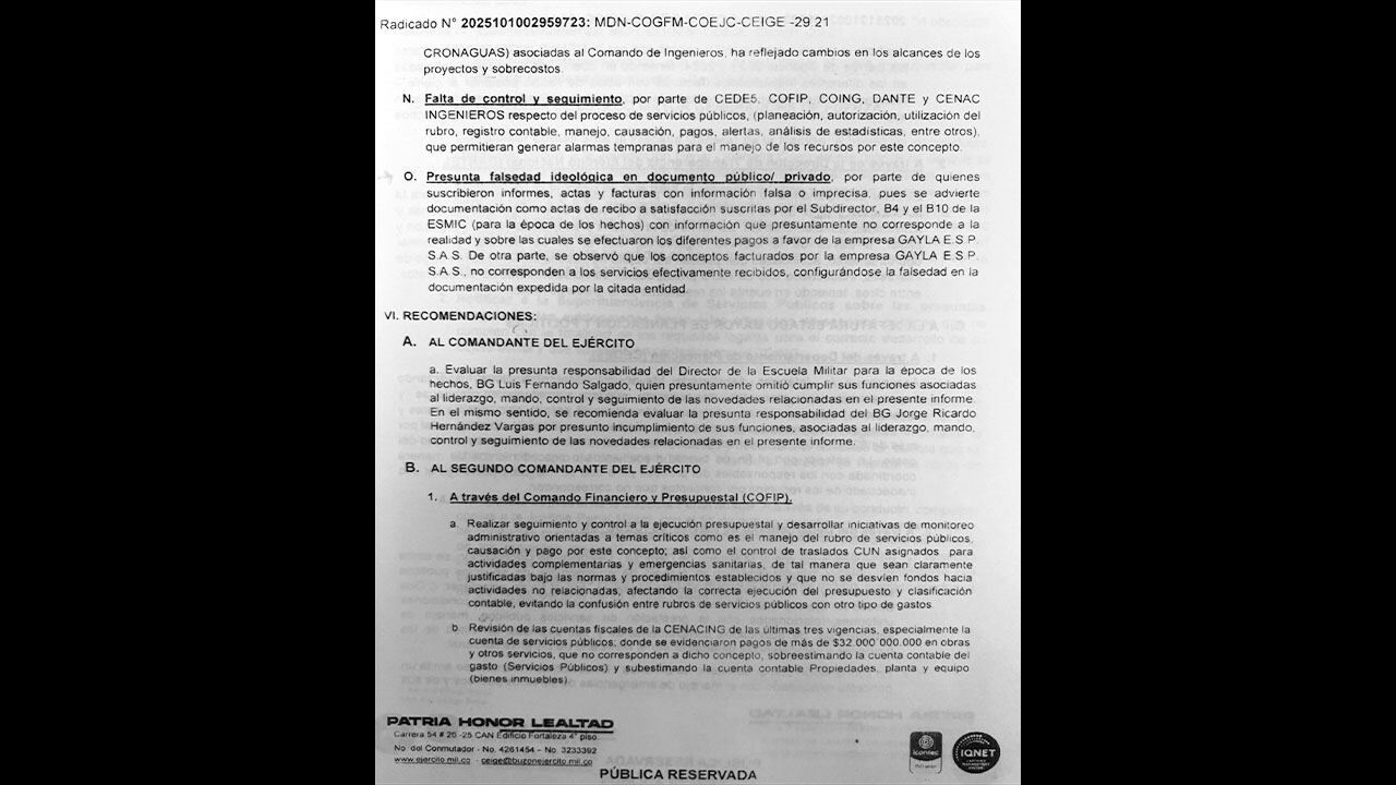 SEMANA revela la existencia de este documento en el que el inspector del Ejército recomendaba el retiro de dos generales por un grave caso de presunta corrupción.  