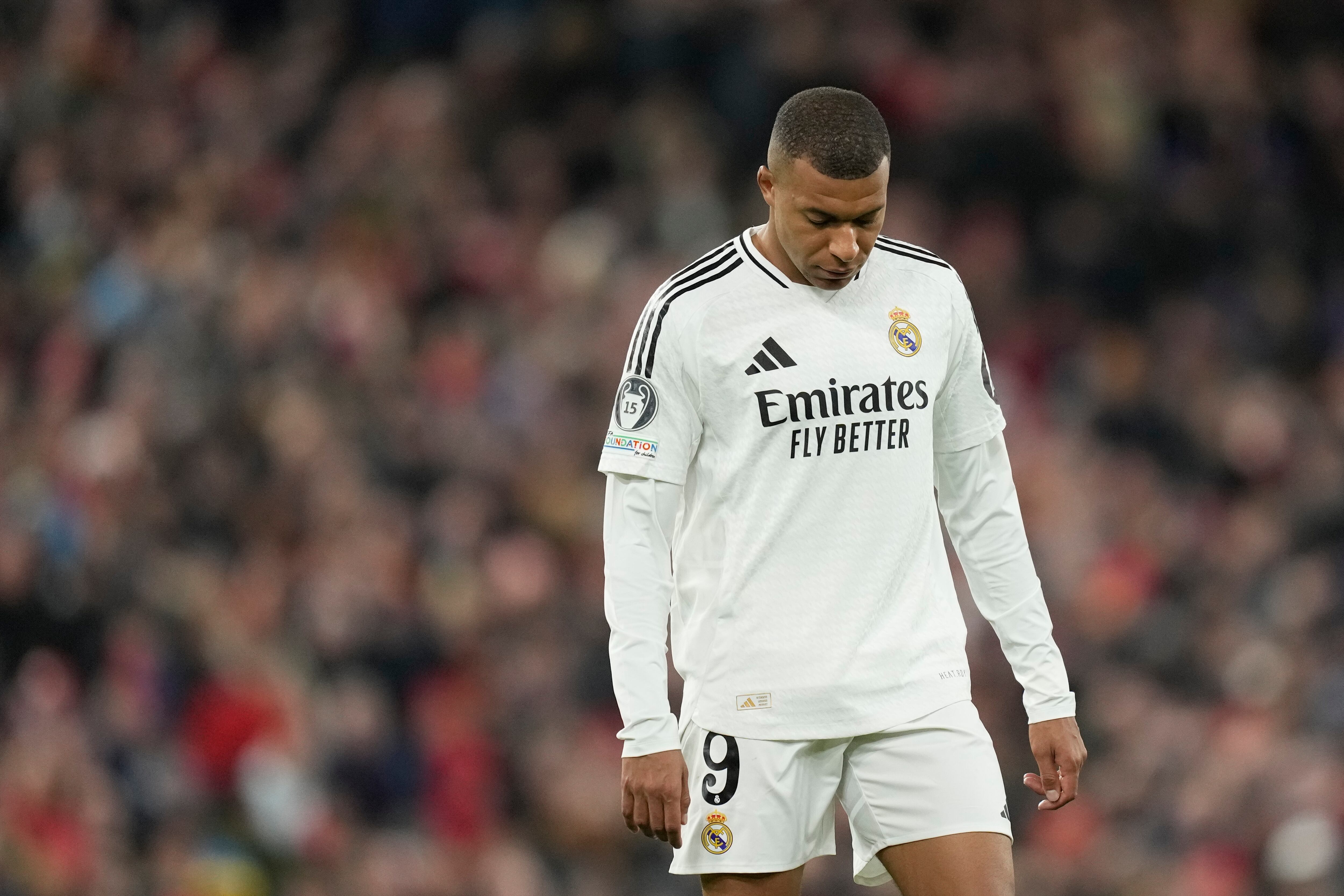 Kylian Mbappe centre-forward of Real Madrid and France dejected during the UEFA Champions League 2024/25 League Phase MD5 match between Liverpool FC and Real Madrid C.F. at Anfield on November 27, 2024 in Liverpool, England. (Photo by Jose Breton/Pics Action/NurPhoto via Getty Images)