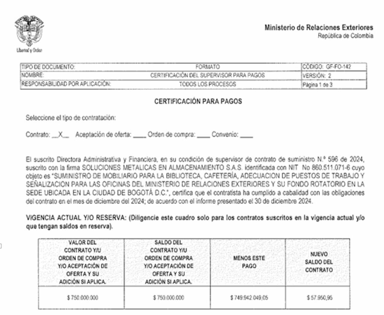 En este documento queda claro que se recibió a satisfacción el mobiliario que adquirió la Cancillería por 750 millones de pesos pero nunca llegó al Palacio de San Carlos.