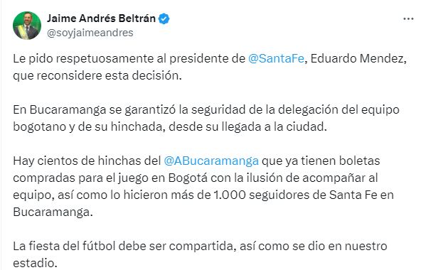 El alcalde de Bucaramanga intercedió por la hinchada del 'leopardo' para que no les prohíban el ingreso a El Campín.