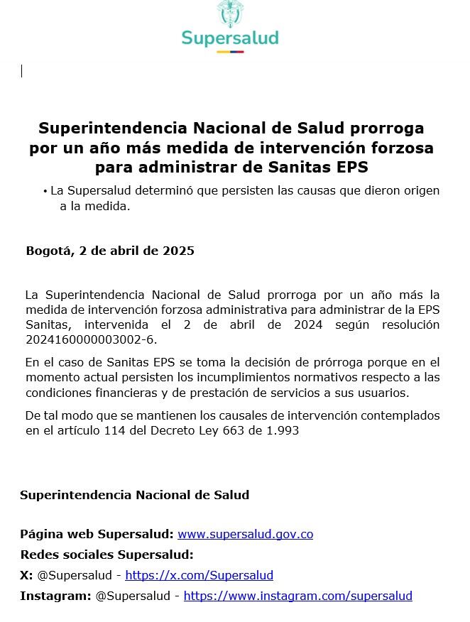 SuperSalud prorroga por un año más intervención forzosa de Sanitas EPS