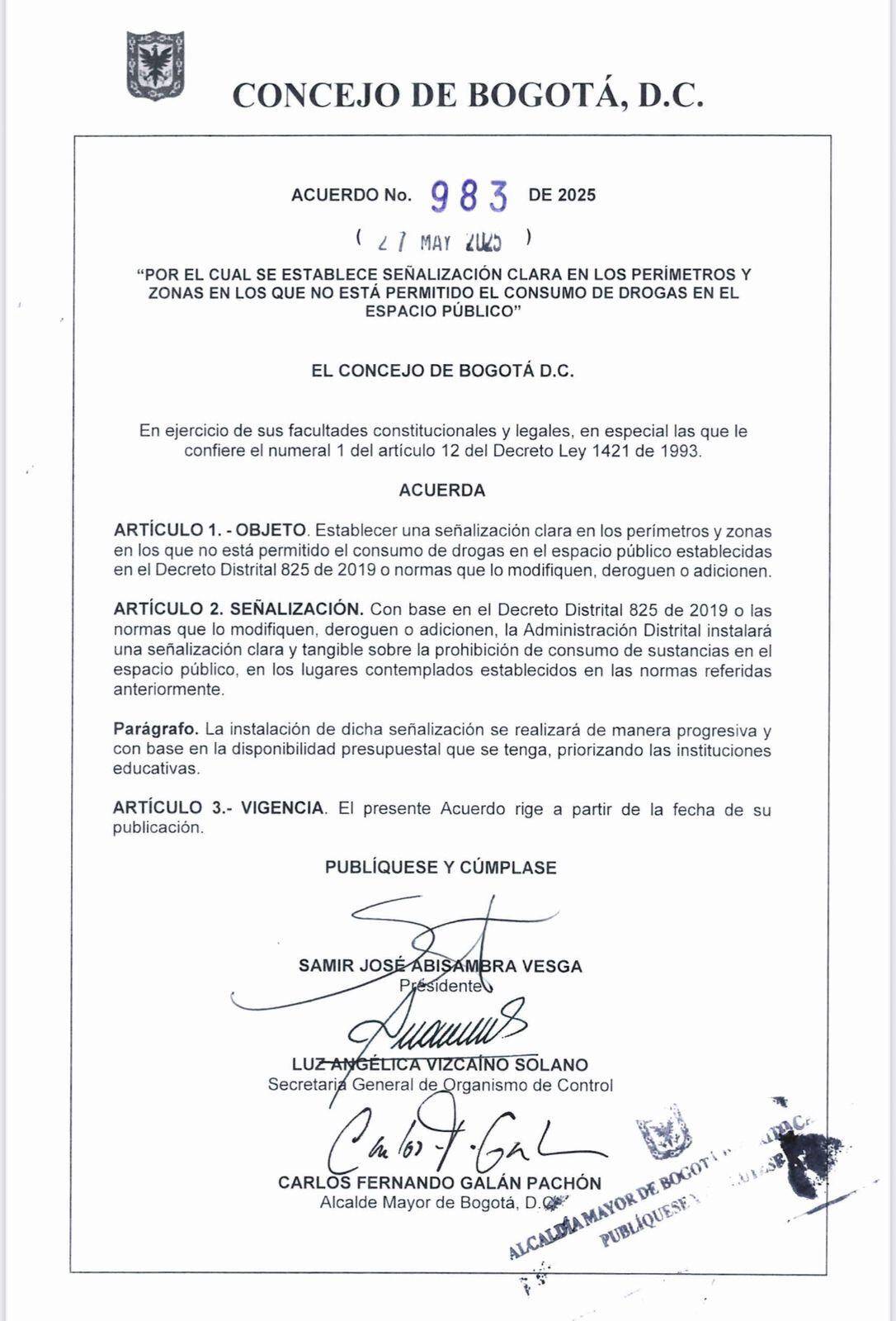 Proyecto de acuerdo sobre zonas de consumo de drogas en Bogotá.