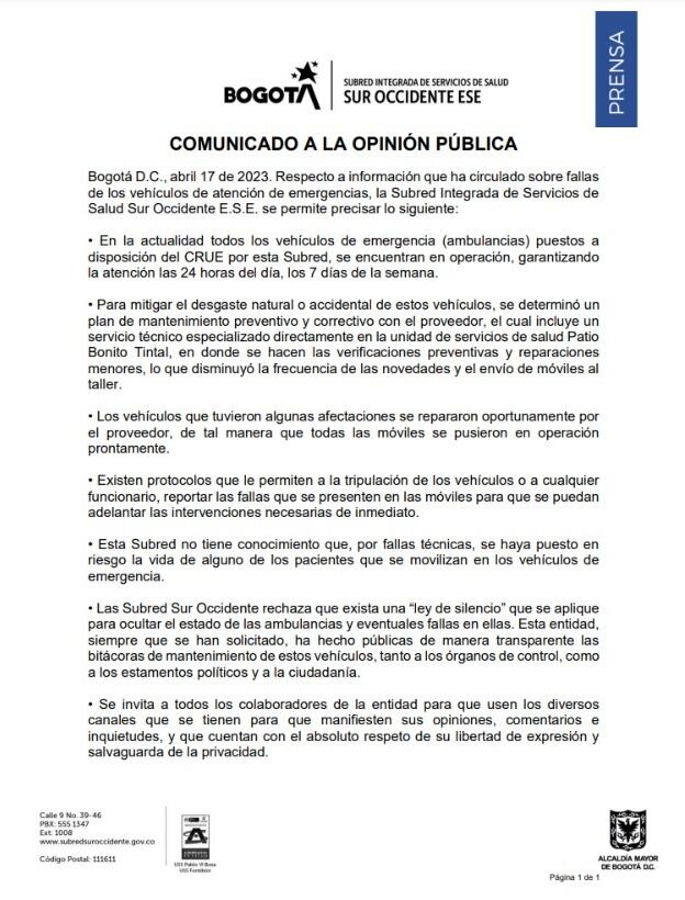 Comunicado a la opinión pública de la Secretaría Distrital de Salud.