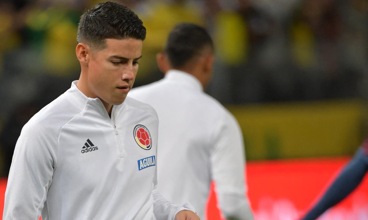 Colombia's James Rodriguez warms up before the South American qualification football match for the FIFA World Cup Qatar 2022 between Brazil and Colombia, at the Neo Quimica Arena, previously known as Arena Corinthians, in Sao Paulo, Brazil, on November 11, 2021.