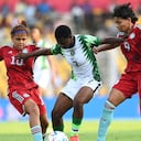 GOA, INDIA - OCTOBER 26: Amina Omowunmi Bello of Nigeria, Gabriela Rodriguez Salazar #10 and Yesica Paola Muñoz Rojas of Colombia compete for the ball during the FIFA U-17 Women's World Cup 2022 Semi-Final, match between Nigeria and Colombia at Pandit Jawaharlal Nehru Stadium on October 26, 2022 in Goa, India. (Photo by Masashi Hara - FIFA/FIFA via Getty Images)