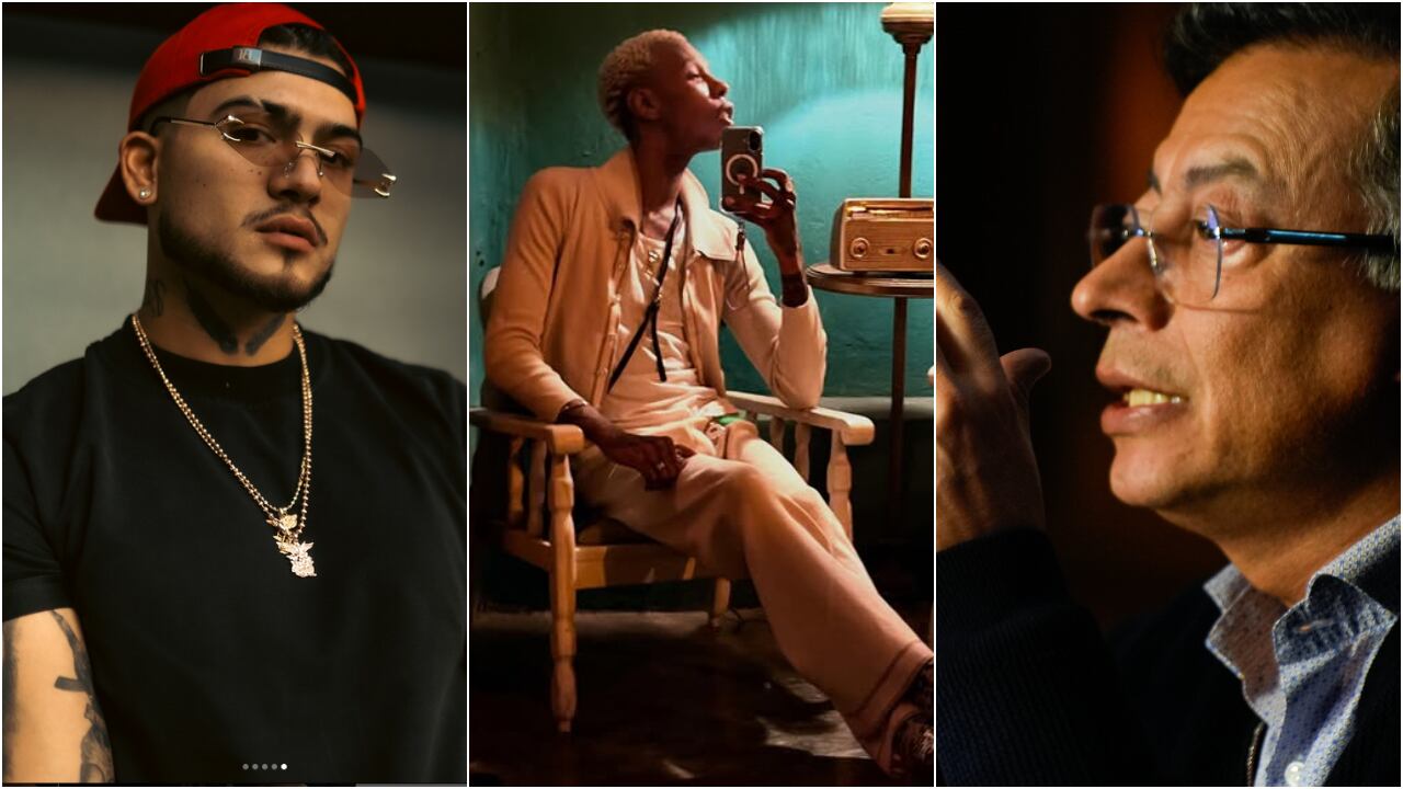 De izquierda a derecha: Byron Sánchez Salazar, conocido como B King; Jorge Herrera, conocido como Dj Regio y Gustavo Petro, presidente de Colombia