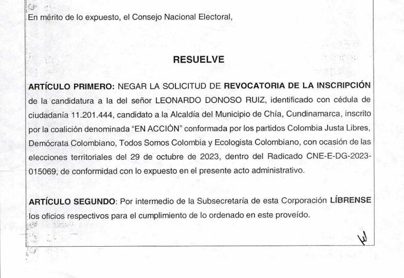Resolución del Consejo Nacional Electoral sobre candidatura de Leonardo Donoso a la Alcaldía de Chía