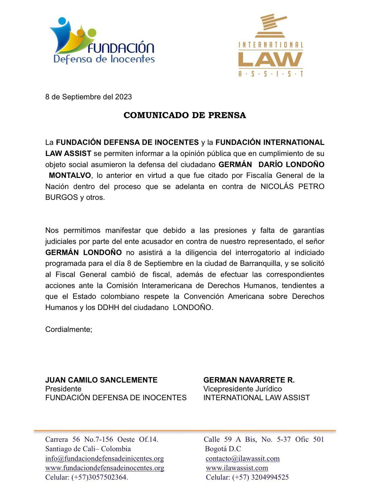 comunicado defensa de Germán Londoño