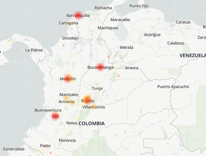 Mapa de 'Downdetector' muestra fallas de WhatsApp en Colombia.