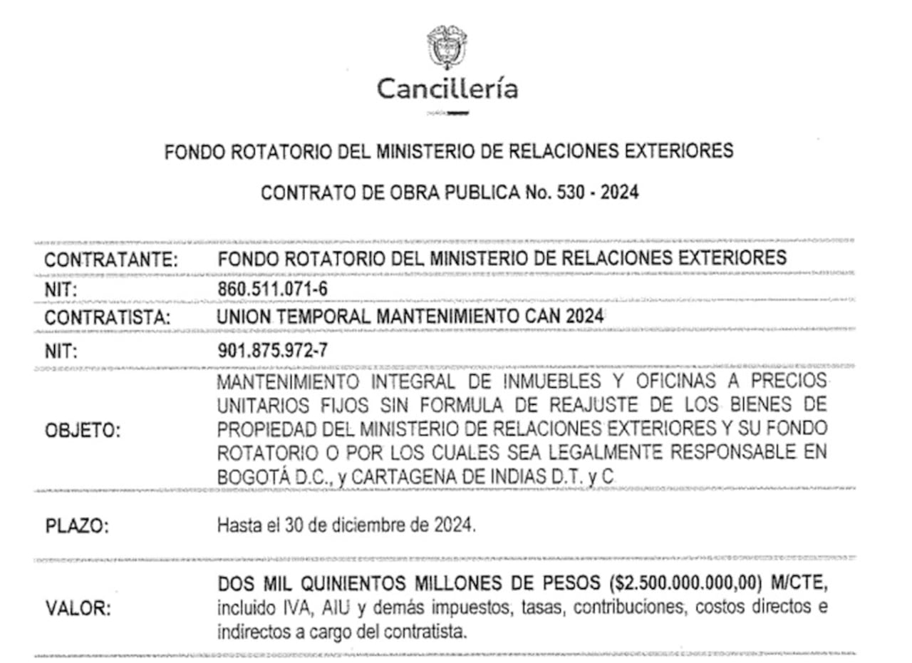 Este es el contrato que se firmó, a pocos días de que terminara 2024, para mantenimiento de las instalaciones de la Cancillería por 2.500 millones de pesos.