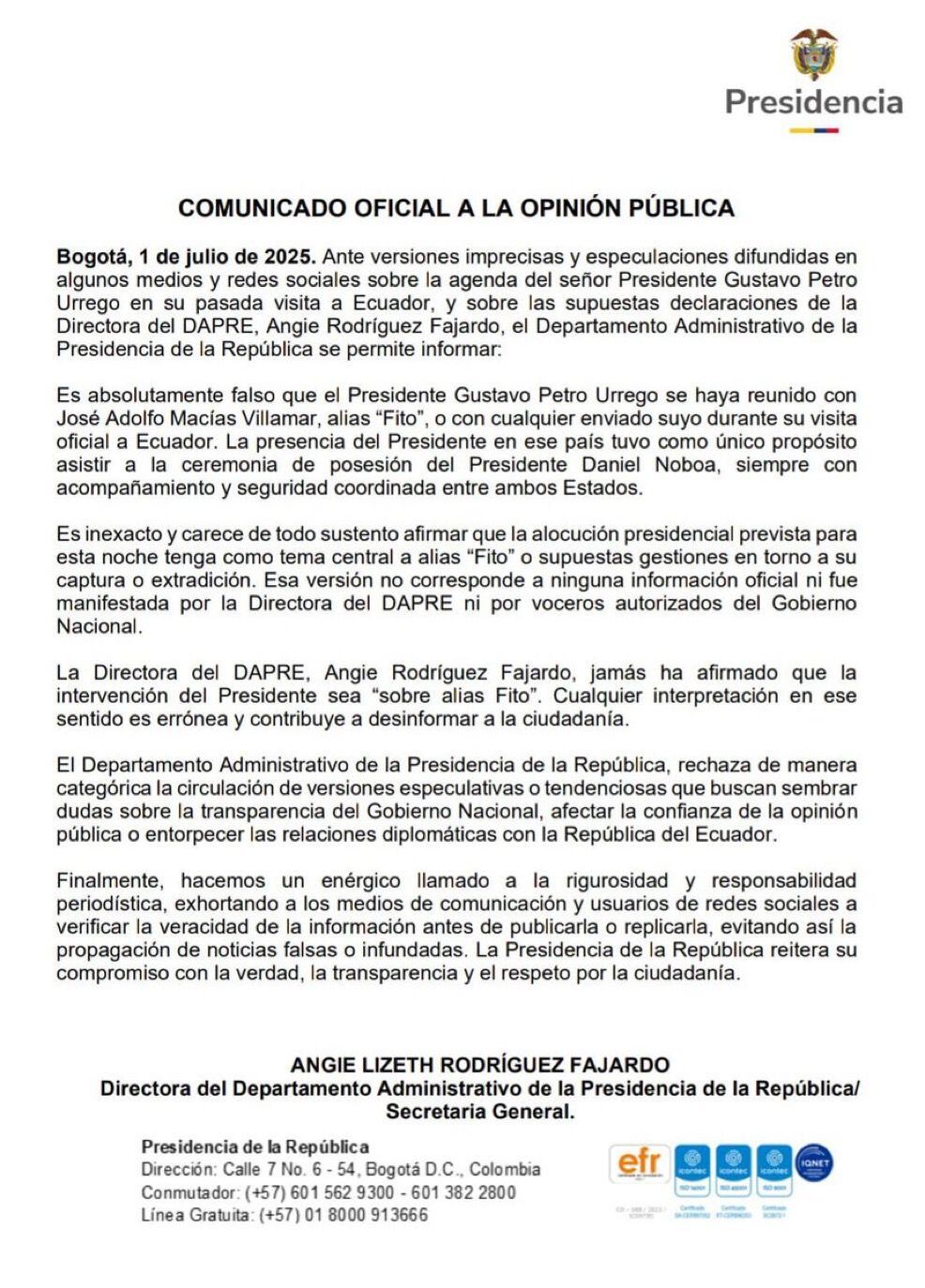 Comunicado de prensa del Dapre