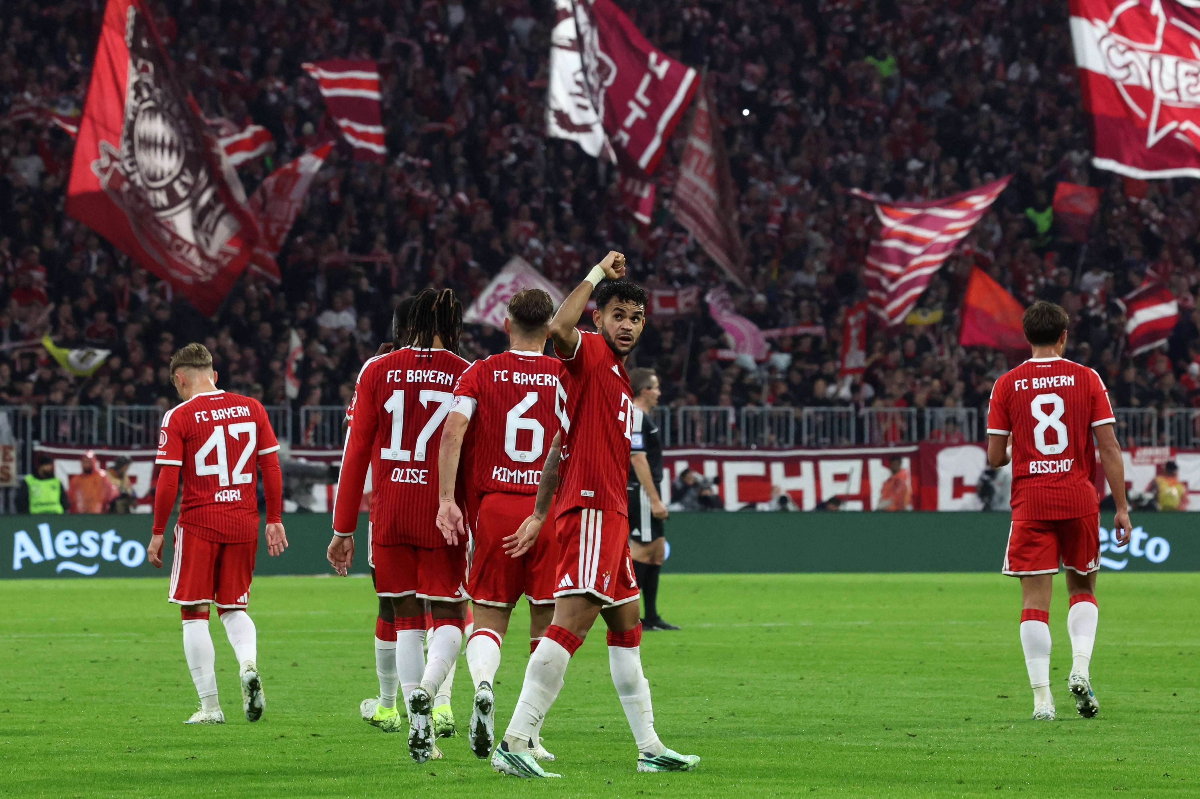 Bayern's Luis Díaz celebrates after scoring his side's sixth goal of the game during the Bundesliga soccer match between Bayern Munich and Leipzig, in Munich, Germany, Saturday Oct. 17, 2026. (Karl-Josef Hildenbrand/dpa via AP)