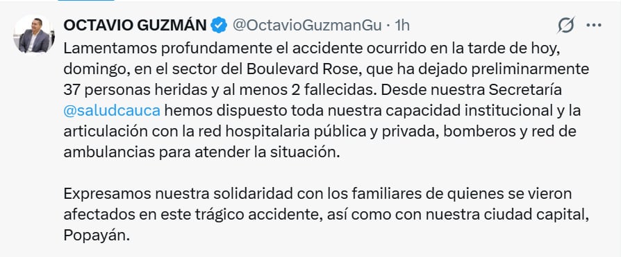 Mensaje del gobernador del Cauca, Octavio Guzmán, tras el accidente en un evento de Monster Truck en Popayán.