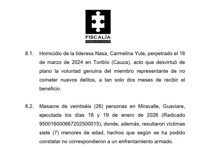 Con un "rosario" de delitos y crímenes cometidos por Calarcá, la fiscalía pidió retirarle los beneficios que tiene como negociador.