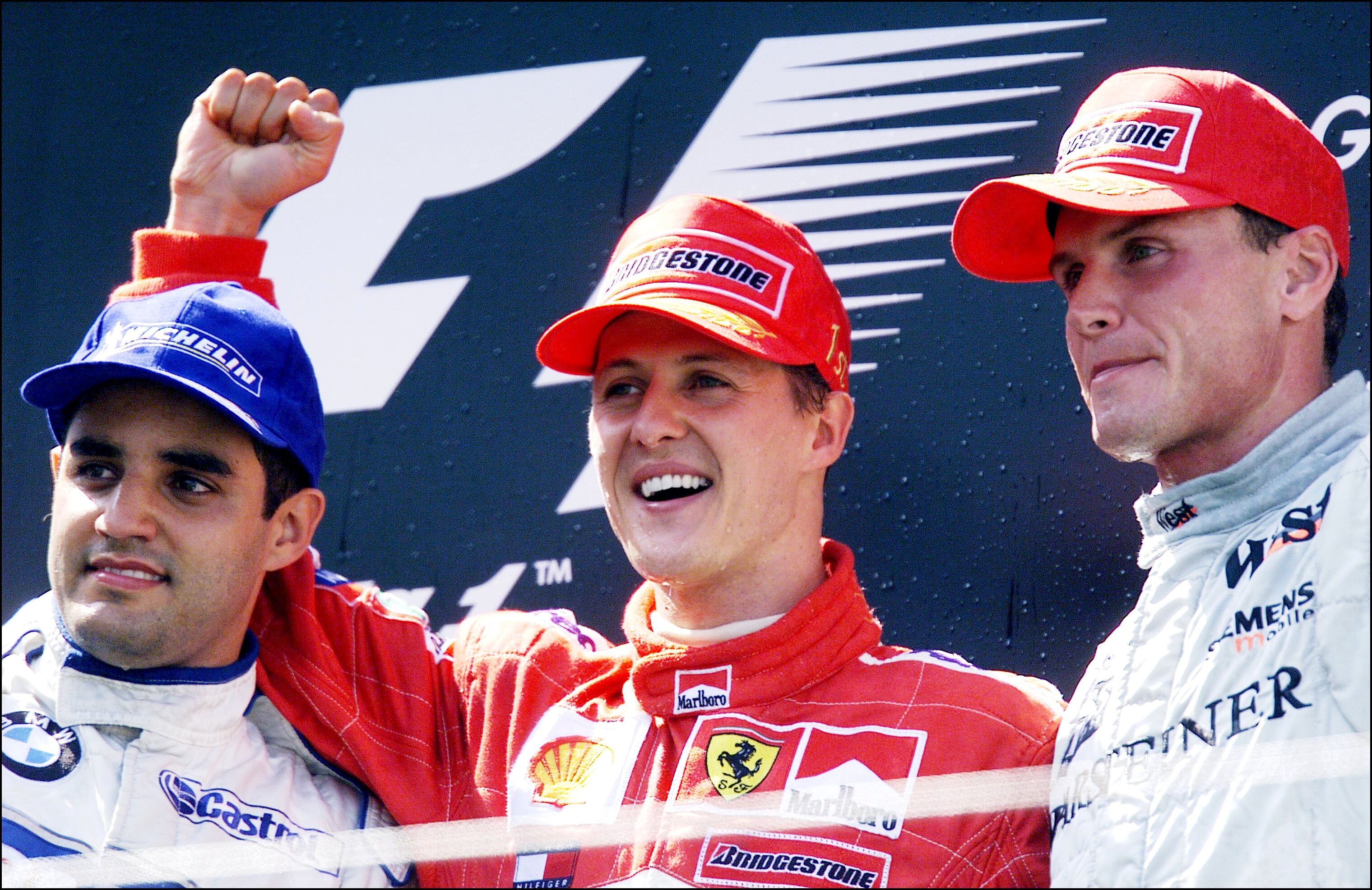 GERMANY - JUNE 24:  German Pilot Michael Schumacher wins Formula One Grand Prix of Europe In Nurburg, Germany On June 24, 2001-With 2nd Montoya and 3rd Coulthard.  (Photo by Jurgen TAP/HOCHZWEI/Gamma-Rapho via Getty Images)