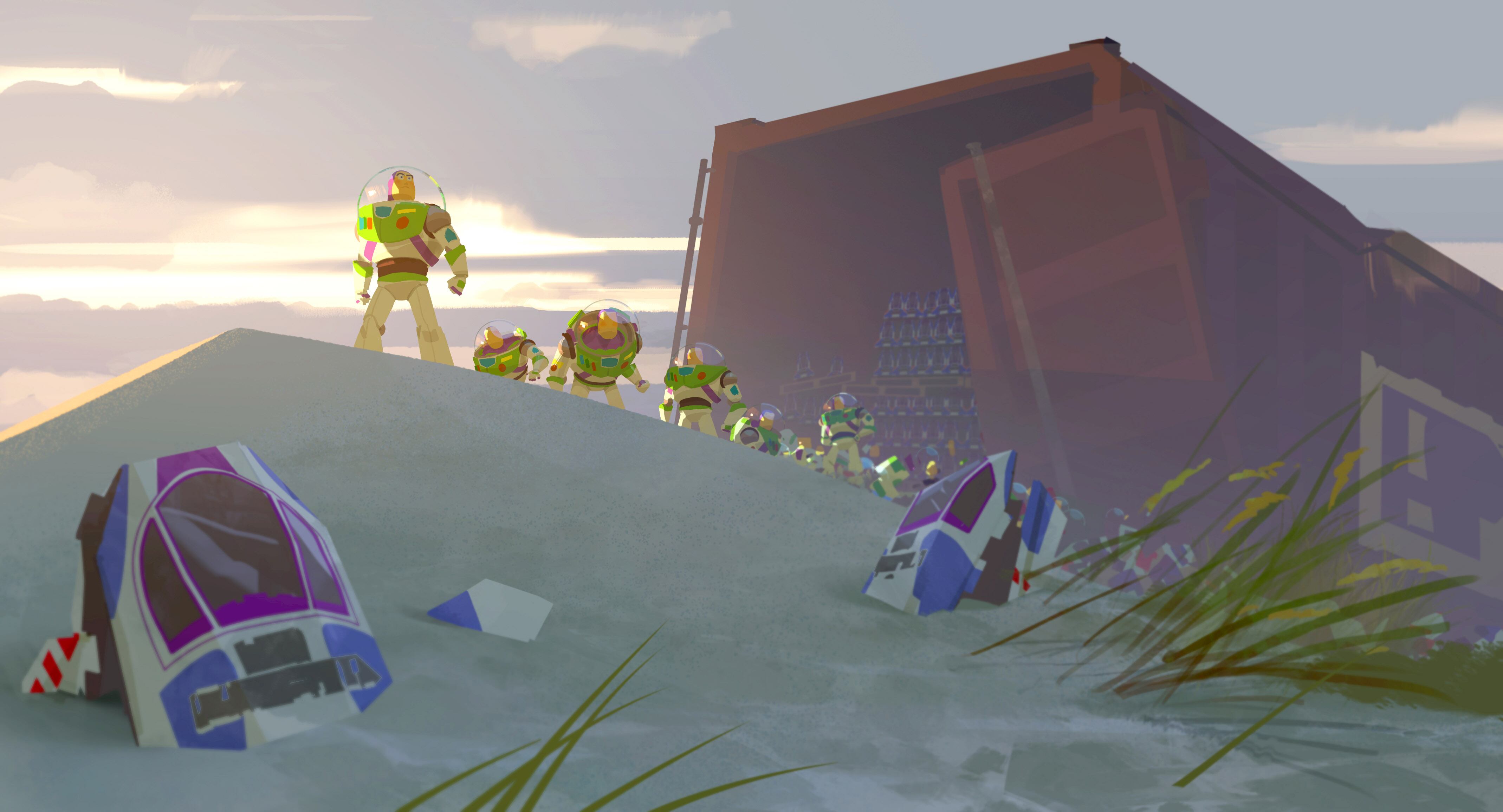 BUZZ LIGHTYEARS! -- The toys are back in Disney and Pixar’s “Toy Story 5,” and in the case of Buzz Lightyear, "back" is an understatement. Fifty commemorative Buzz Lightyear action figures, stuck in toy mode, are searching for Star Command and they just might make considerable problems for everybody. Directed by Andrew Stanton, co-directed by McKenna Harris and produced by Jessica Choi, “Toy Story 5” opens only in theaters on June 19, 2026. (concept art). © 2024 Disney/Pixar. All Rights Reserved.