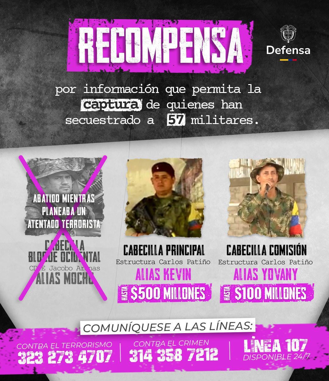 El Gobierno ofrece millonaria recompensa por disidentes que están detrás de la instrumentalización de la población en el Cauca.