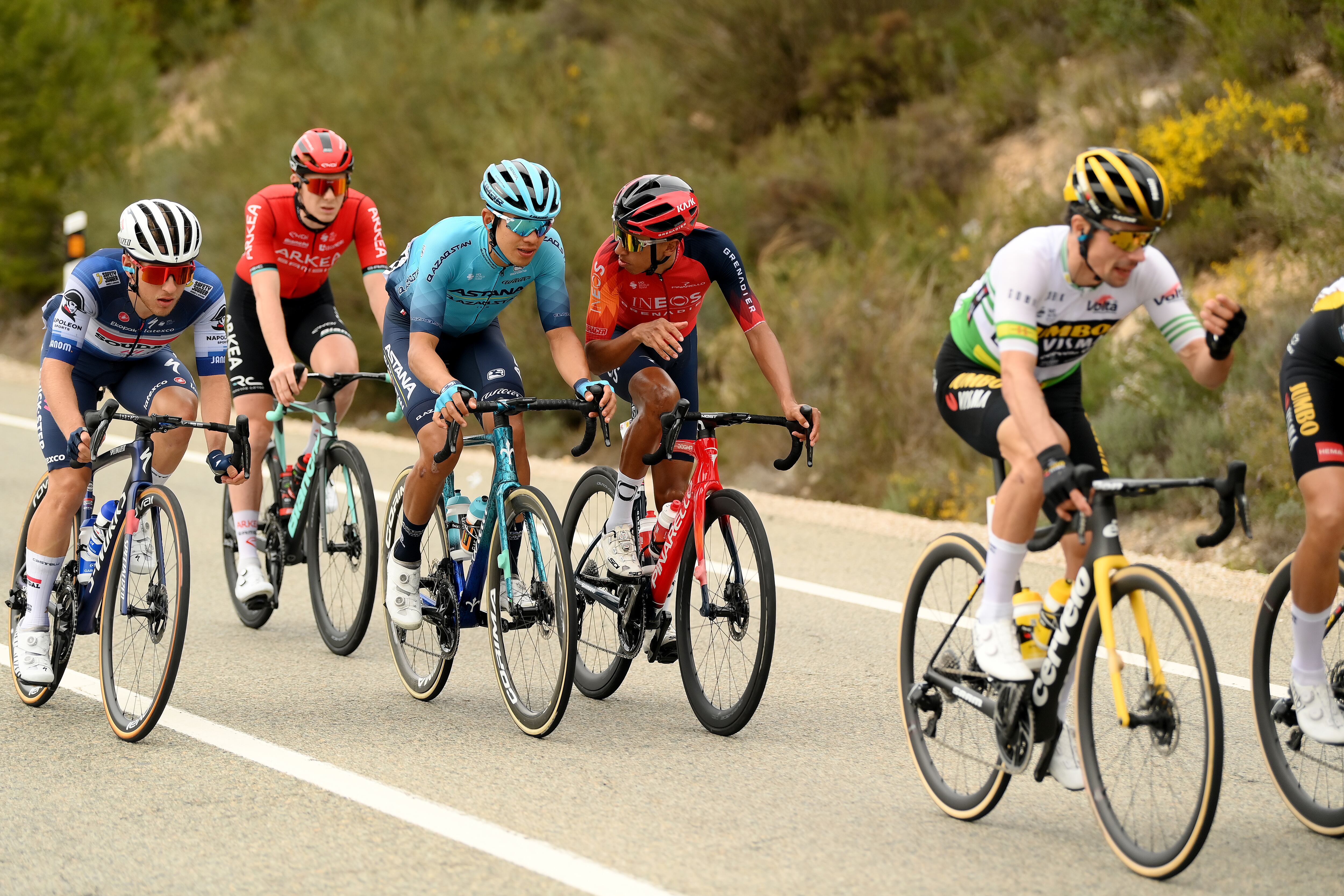 LO PORT, SPAIN - MARCH 24: (L-R) Ilan Van Wilder of Belgium and Team Soudal Quick-Step, Louis Barré of France and Team Arkéa-Samsic, Harold Tejada of Colombia and Astana Qazaqstan Team and Egan Bernal of Colombia and Team INEOS Grenadiers compete during the 102nd Volta Ciclista a Catalunya 2023, Stage 5 a 176.6km stage from Tortosa to Lo Port (Mirador del Portell) 1033m / #UCIWT / on March 24, 2023 in Lo Port, Spain. (Photo by David Ramos/Getty Images)