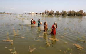 Mujeres paquistaníes caminan a través de las aguas de la inundación mientras se refugian en el distrito de Shikarpur de la provincia de Sindh, en Pakistán, el viernes 2 de septiembre de 2022. (AP Photo/Fareed Khan)
