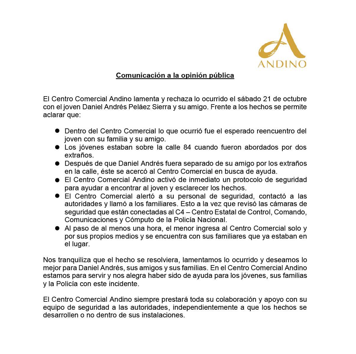 Pronunciamiento del Centro Comercial Andino sobre desaparición de niño.