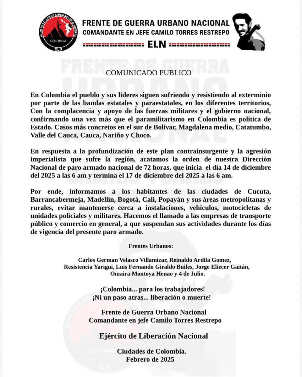 Comunicado frente de guerra urbano nacional del ELN