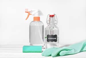 white vinegar for home cleaning chores, natural householding detergent, affordable product for housekeeping. rubber glove and kitchen sponge next to sprayer bottle