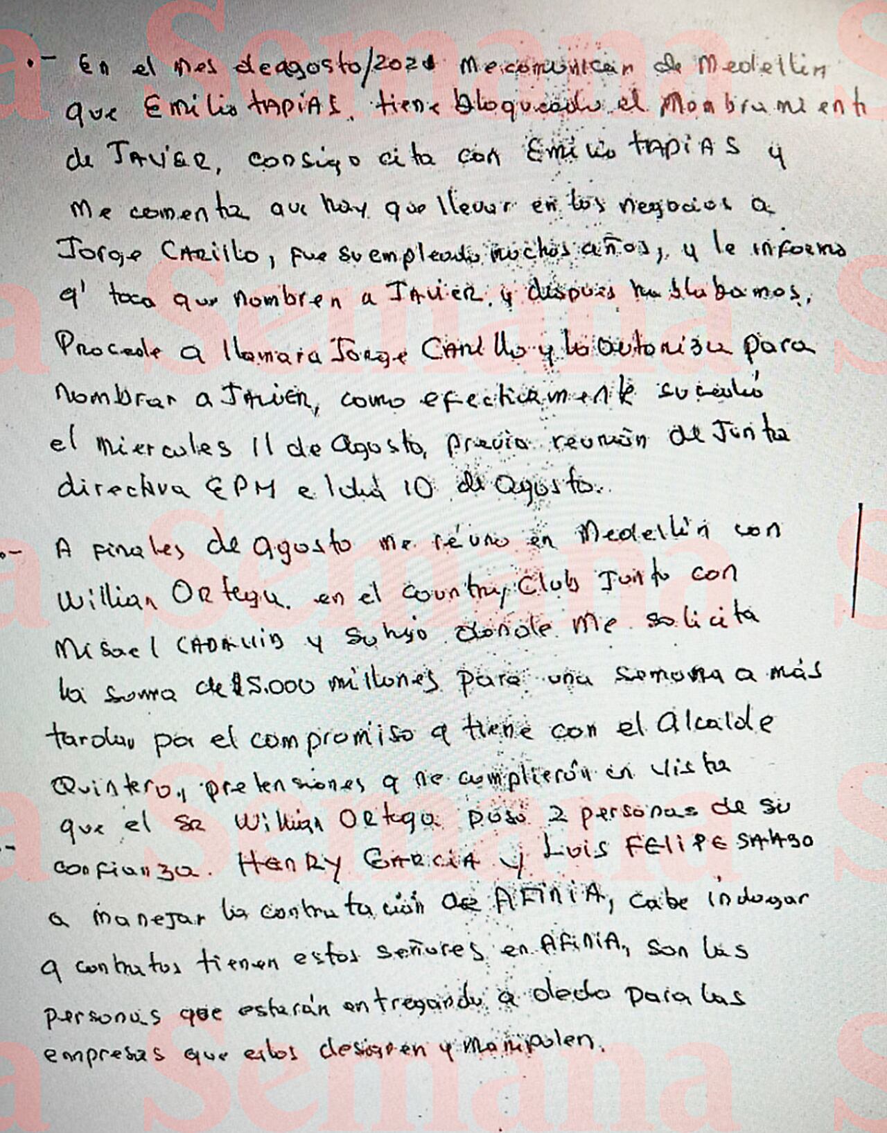 Versión escrita del testimonio del testigo sobre la presunta venta de la gerencia de Afinia por 8 millones de dólares, hoy en poder de la Fiscalía.