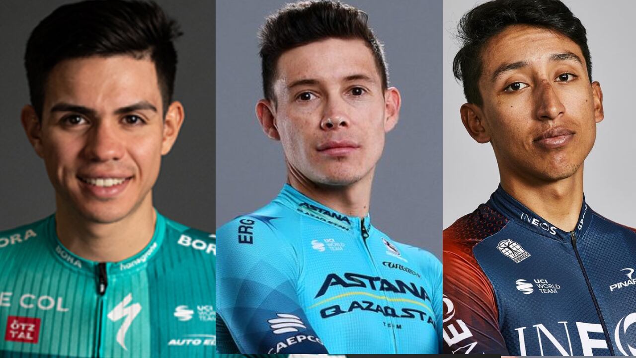 Sergio Higuita, Miguel Ángel López y Egan Bernal en las fotos oficiales de sus equipos
