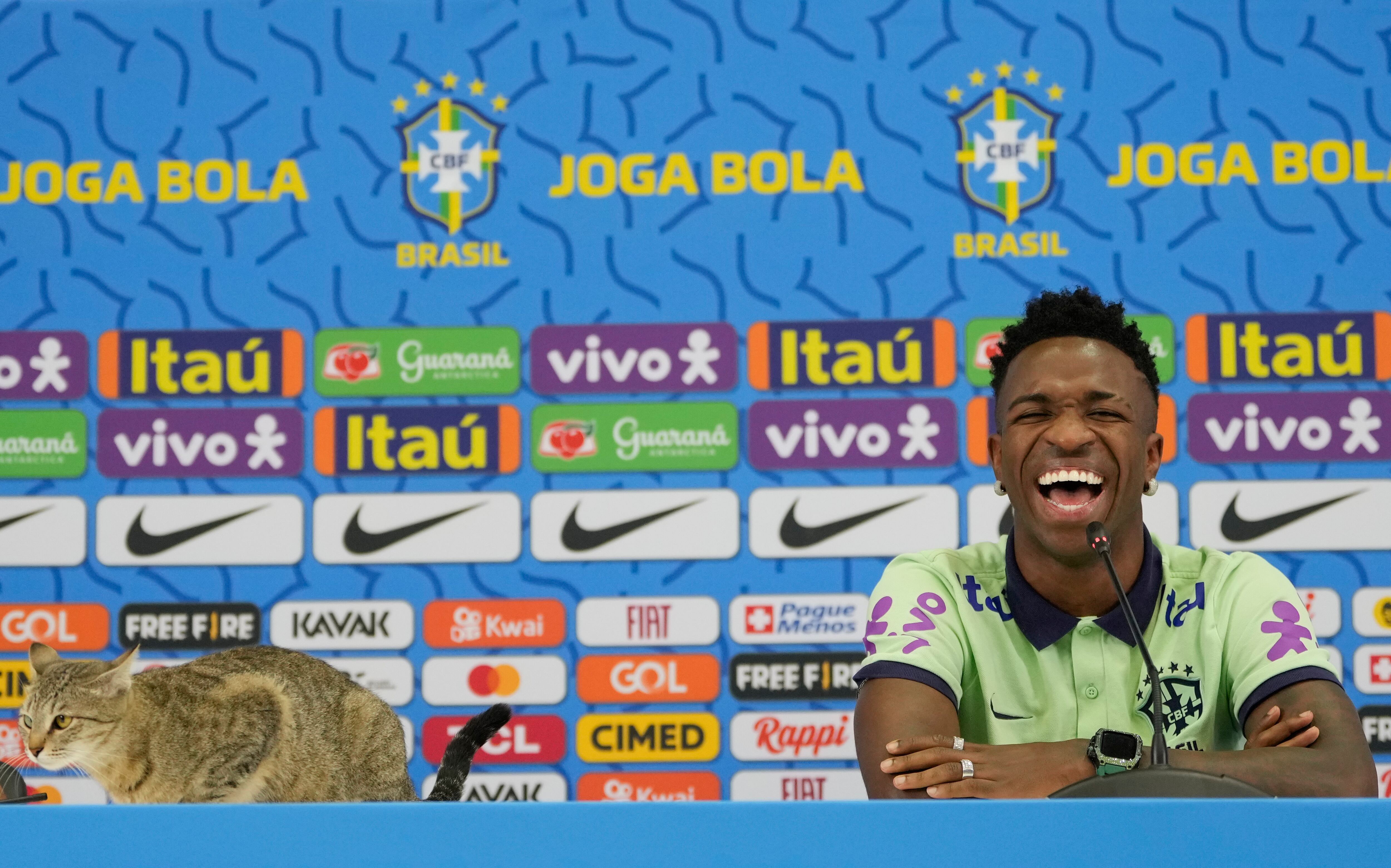 Brazil's Vinicius Junior smiles as a cat sits on the the table during a press conference after a training session at the Grand Hamad stadium in Doha, Qatar, Wednesday, Dec. 7, 2022. Brazil will face Croatia in a World Cup quarter final match on Dec. 9. (AP Photo/Andre Penner)