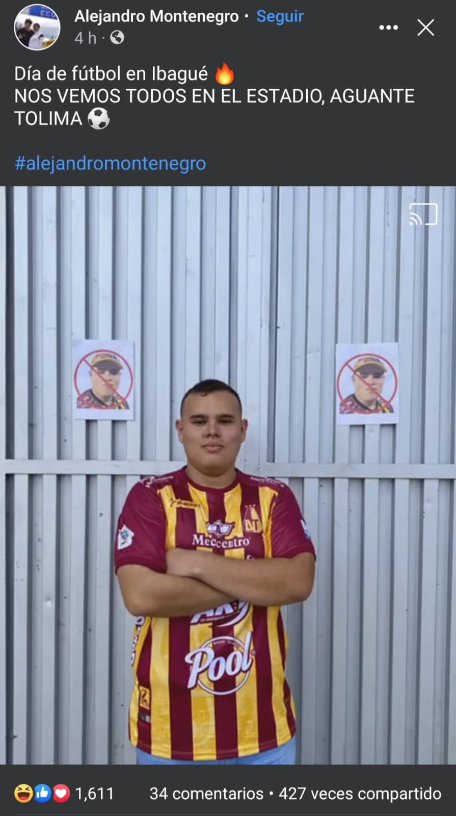 Alejandro Montenegro, hincha del Deportes Tolima. Foto: Facebook Alejandro Montenegro