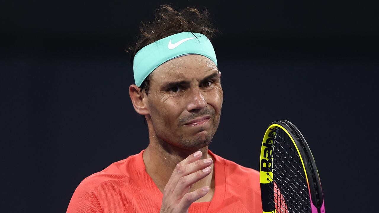 BRISBANE, AUSTRALIA - JANUARY 05: Rafael Nadal of Spain looks on in his match against Jordan Thompson of Australia during day six of the 2024 Brisbane International at Queensland Tennis Centre on January 05, 2024 in Brisbane, Australia. (Photo by Chris Hyde/Getty Images)