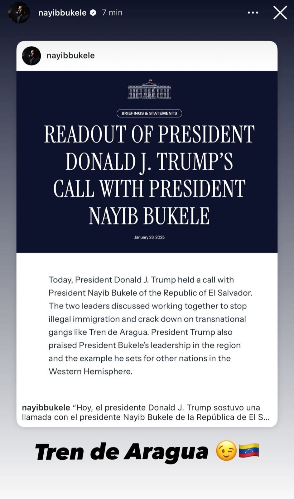 Publicación de Nayib Bukele en su Instagram