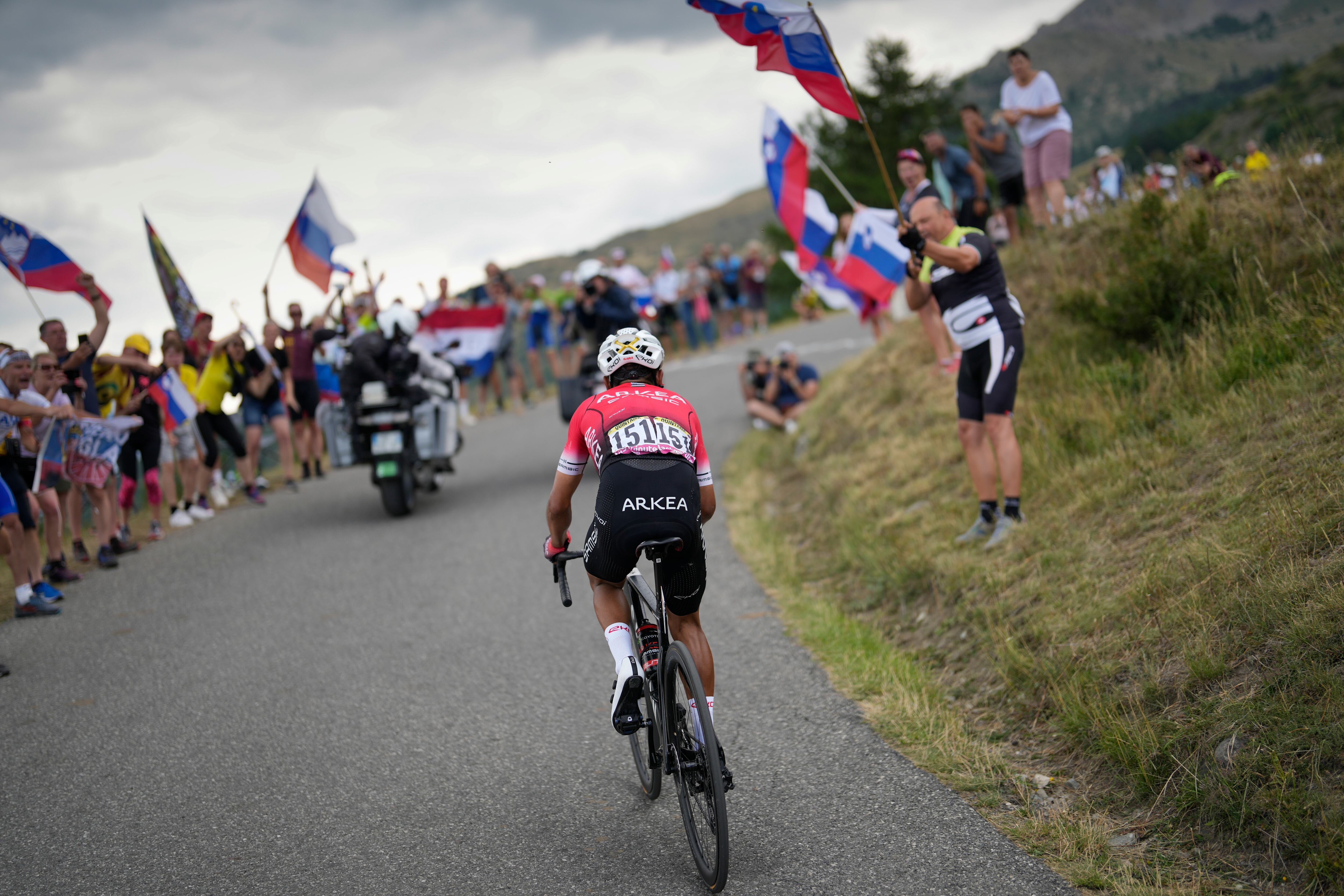 Colombia's Nairo Quintana climbs during the eleventh stage of the Tour de France cycling race over 152 kilometers (94.4 miles) with start in Albertville and finish in Col du Granon Serre Chevalier, France, Wednesday, July 13, 2022. (AP Photo/Thibault Camus)