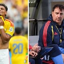 Richard Ríos (izq.) sería baja para Néstor Lorenzo (der.) en la próxima convocatoria de la Selección Colombia.
