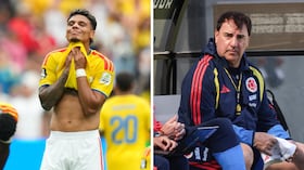 Richard Ríos (izq.) sería baja para Néstor Lorenzo (der.) en la próxima convocatoria de la Selección Colombia.