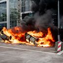 Autos envueltos en llamas cuando los manifestantes se enfrentaron con la policía luego de una marcha en protesta por el tiroteo de Nahel, de 17 años, por parte de un oficial de policía en el suburbio de Nanterre en París, Francia, el jueves 29 de junio de 2023. Las autoridades francesas se preparaban para otra noche de protestas. el jueves por el asesinato policial de un adolescente a principios de esta semana después de que los disturbios se extendieran más allá de los suburbios de París. Fotógrafo: Benjamin Girette/Bloomberg vía Getty Images