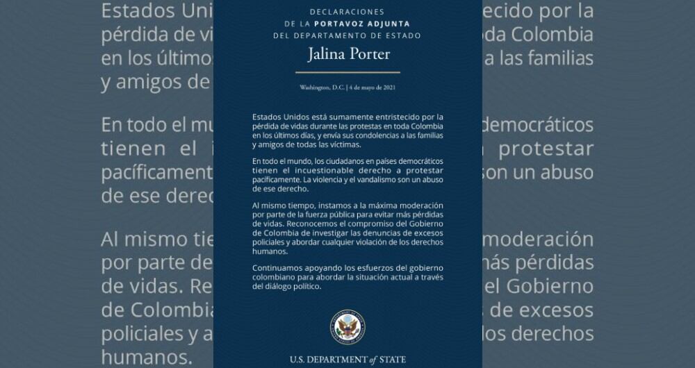 Estados Unidos pide moderación de Fuerza Pública