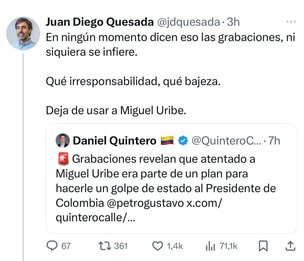 Respuesta del periodista a Daniel Quintero.