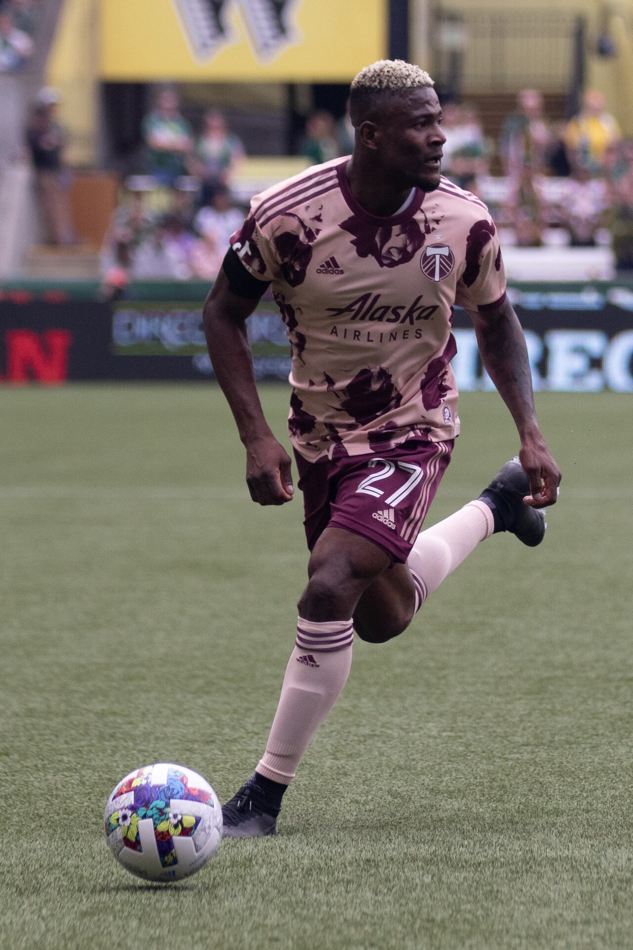 PORTLAND, OR - MARCH 27: Dairon Asprilla (27) of the Portland Timbers dribbles during the Major League Soccer game between the Portland Timbers and Orlando City on March 27, 2022 at Providence Park in Portland, OR. (Photo by Logan Hannigan-Downs/Icon Sportswire via Getty Images)
